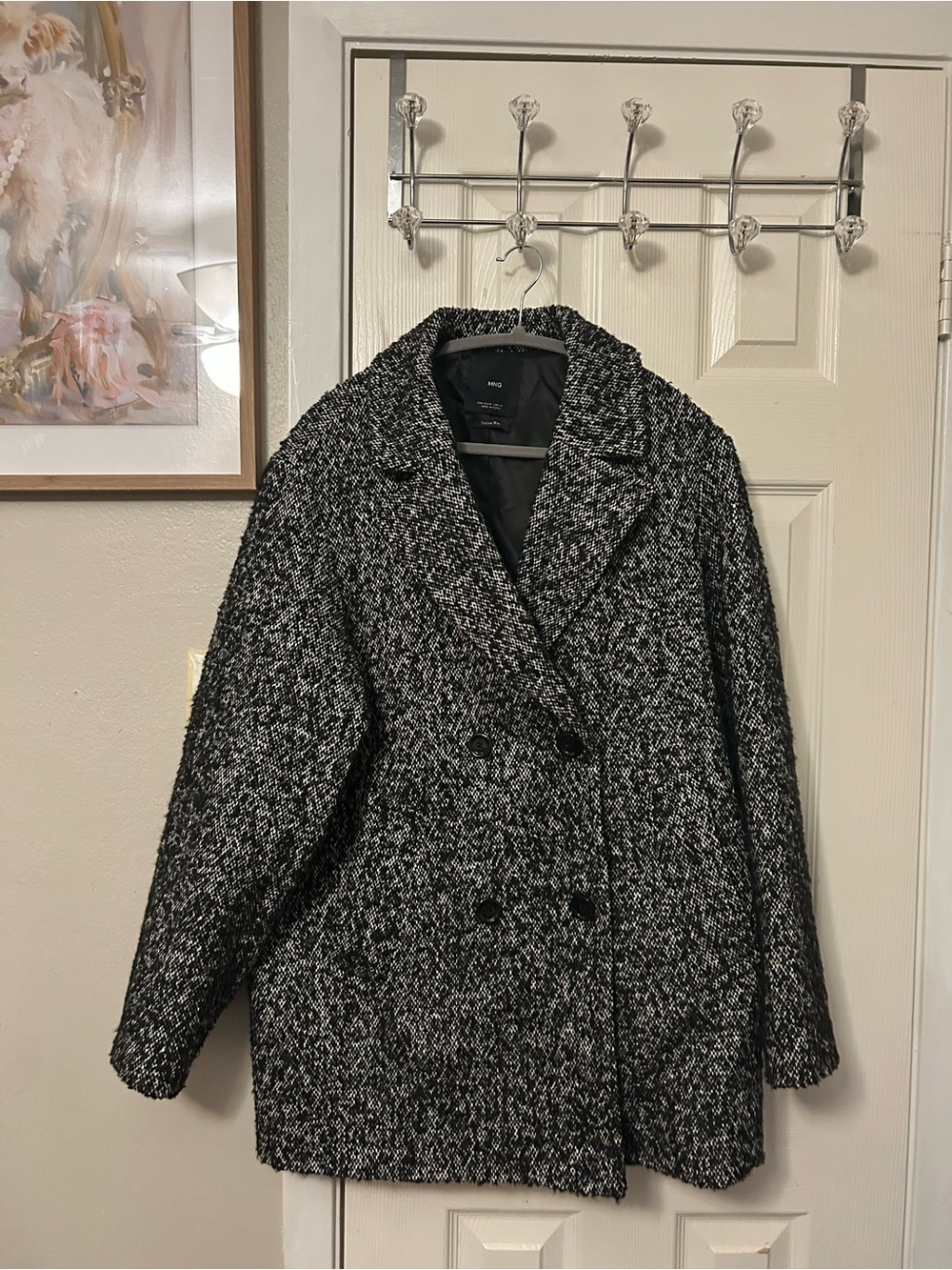 Women’s Black & White Textured Double-Breasted Pea Coat